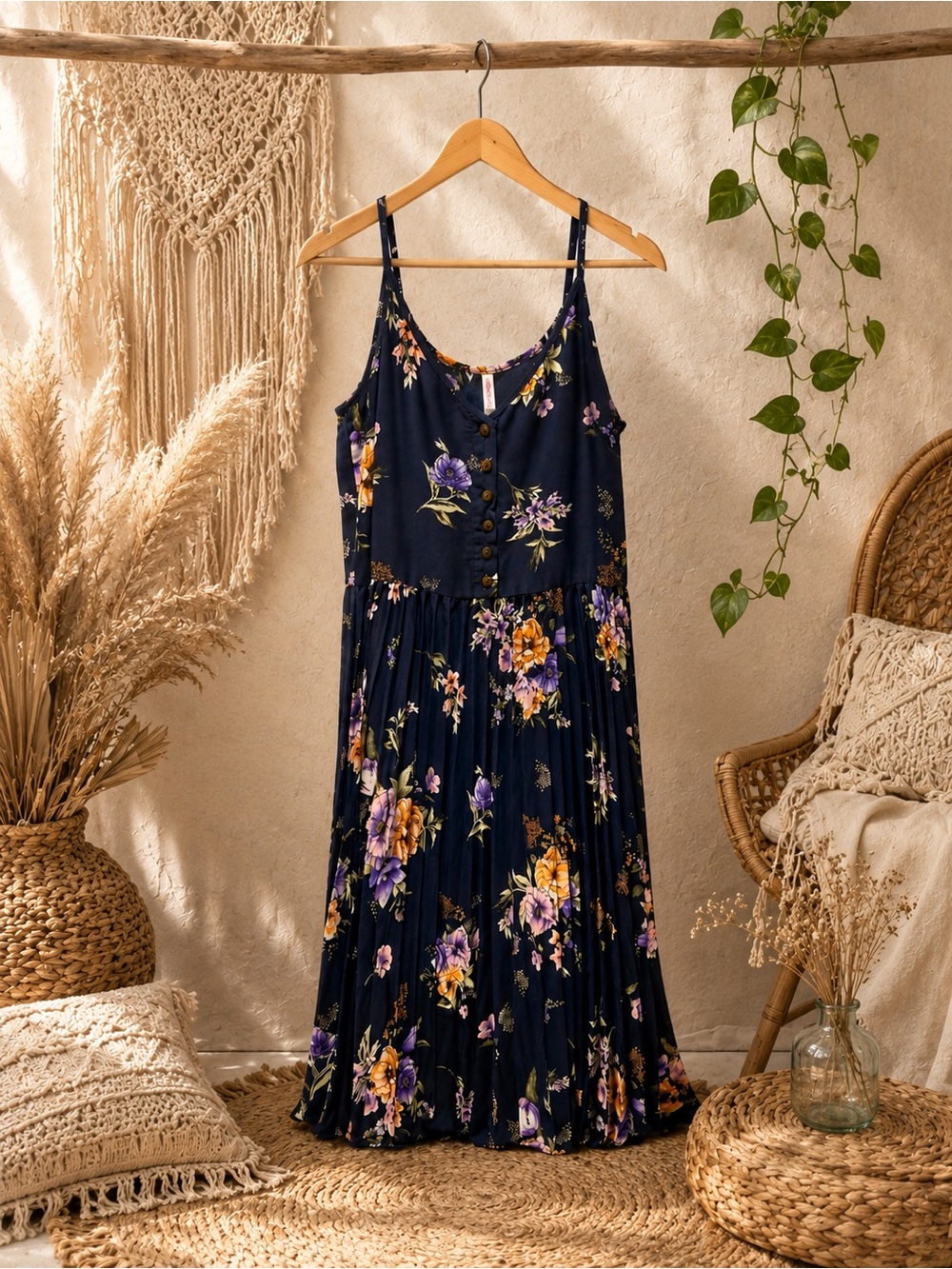 Xhilaration Navy Blue Floral Pleated Dress